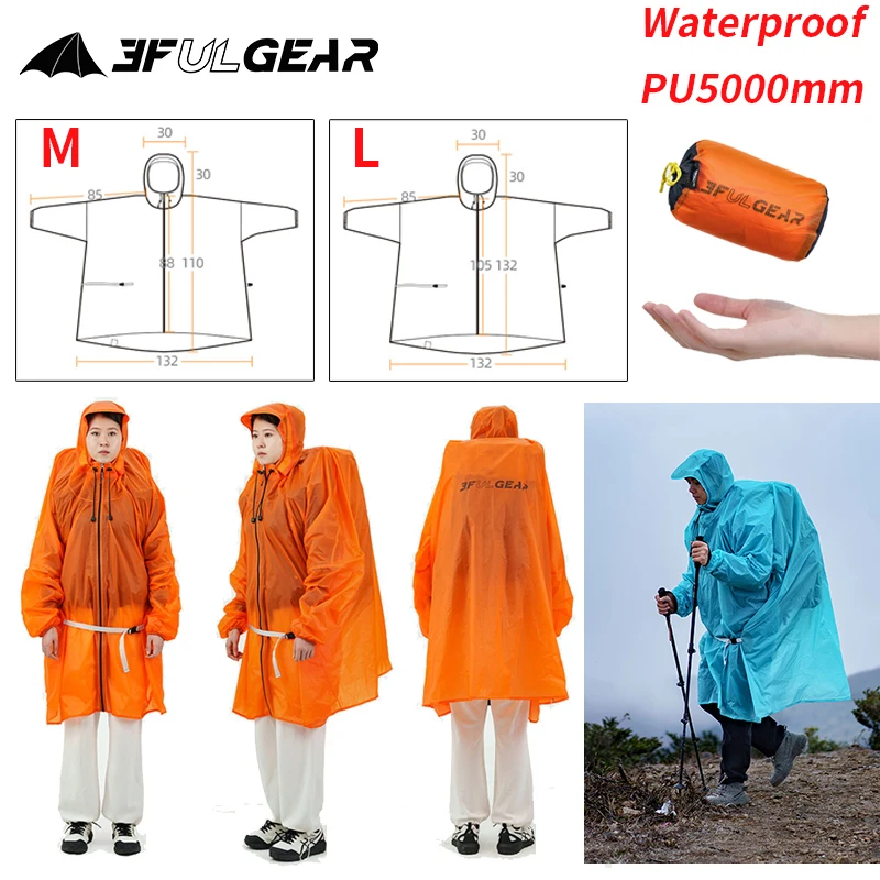 Camping Rain Poncho - 3F UL GEAR Zipper Raincoat 15D